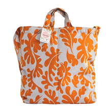 Cargar imagen en el visor de la galería, product photo for puffy fabric tote bag. Abstract leaf pattern in bright orange and grey