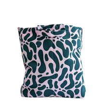 Cargar imagen en el visor de la galería, product photo for puffy fabric tote bag. Square bag in dark teal and lilac abstract spotty pattern