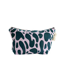 Cargar imagen en el visor de la galería, product photo of fabric zip up purse. Dark teal and lilac abstract print