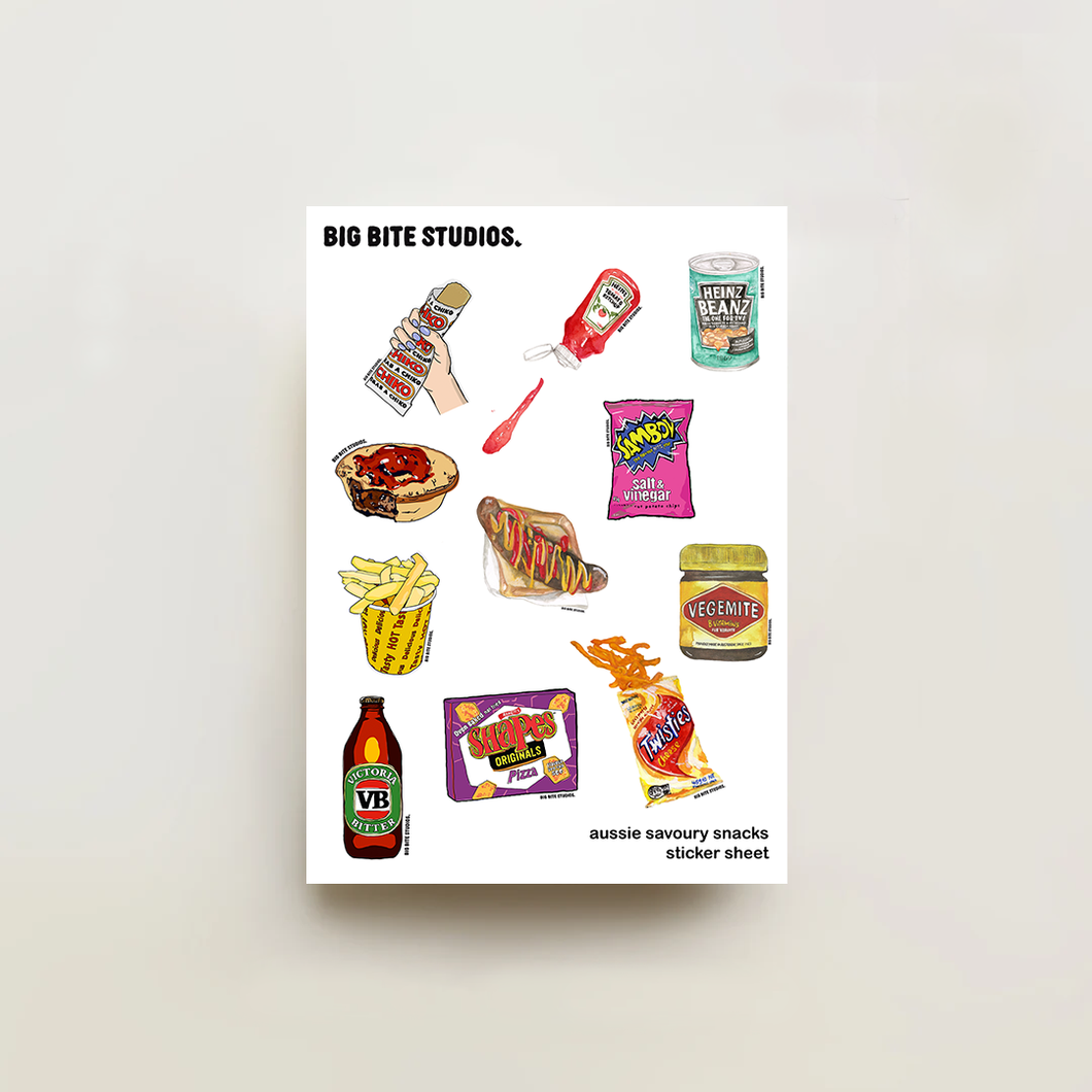 Aussie Savoury Snacks A6 Sticker Sheet — by Big Bite Studios