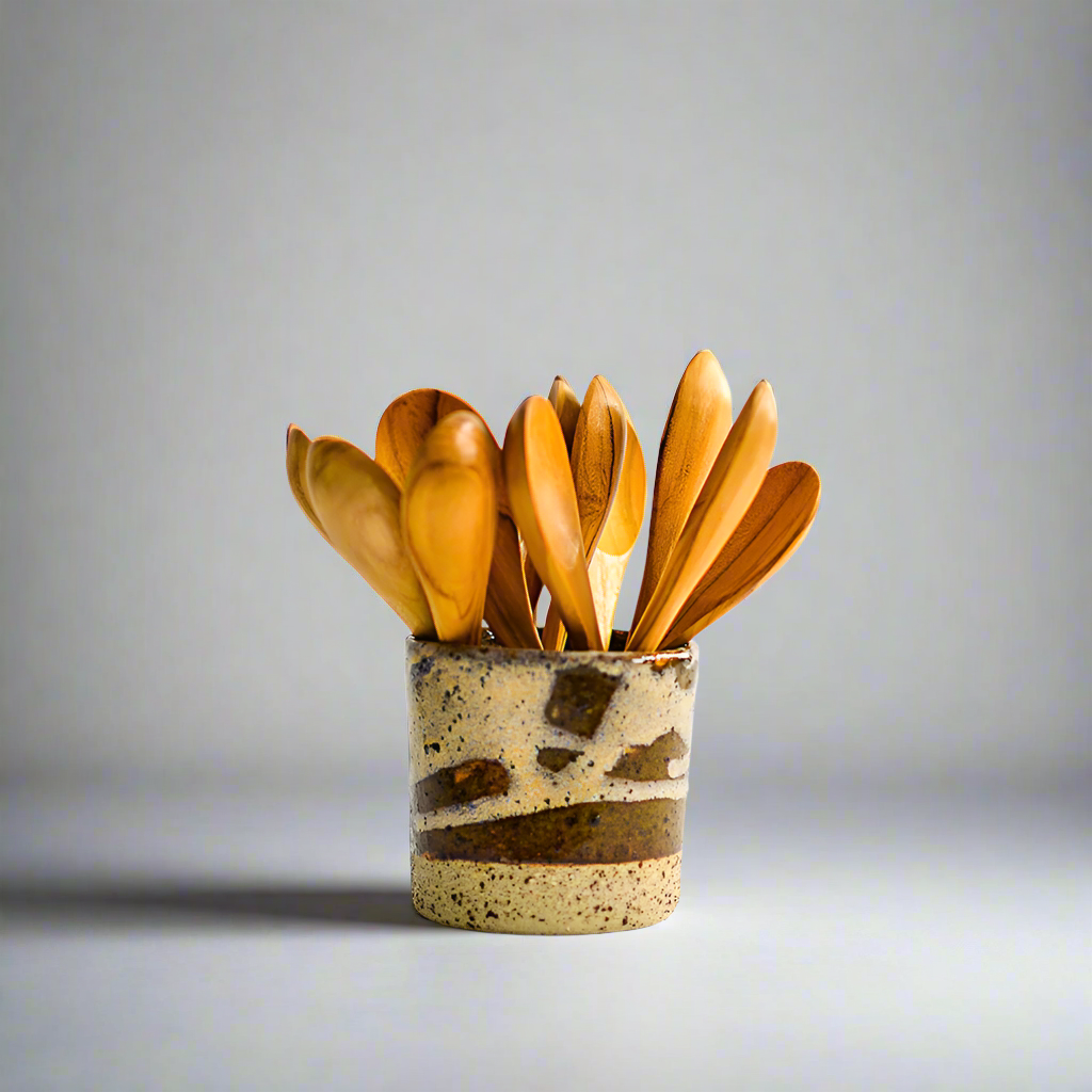 Product photo of wooden soup spoons. Multipal spoons sitting in a ceramic cup