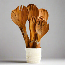 Load image into Gallery viewer, Product photo of wood salad servers. In a set of spoon and pronged style, sitting in a ceramic vase
