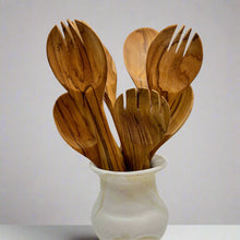 Load image into Gallery viewer, Product photo of wooden salad servers. Spoon and pronged style servers in a ceramic vase
