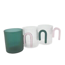 이미지를 갤러리 뷰어에 로드 , Product photo of 3 glass mugs sitting in a row. The first teal with a pink handle, then clear with a teal handle and clear with a pink handle
