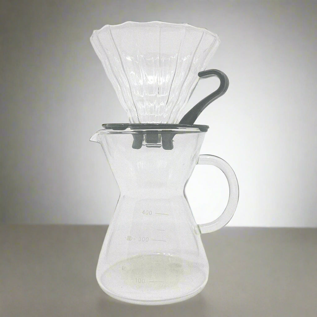 product photo of clear glass pour over coffee jug and pour over lid