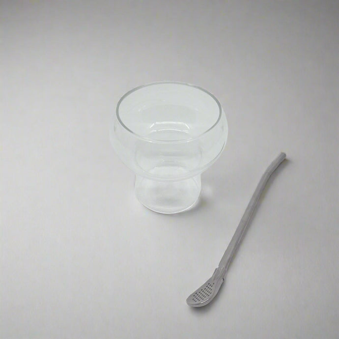 product photo of small glass cup and stainless steel straw with strainer end