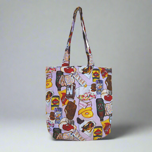 product photo for puffy fabric tote bag. Colourful print featuring iconic Australian food