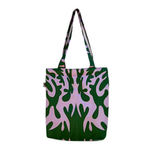Cargar imagen en el visor de la galería, product photo for puffy fabric tote bag. Dark green and lilac print, mirrored abstract design

