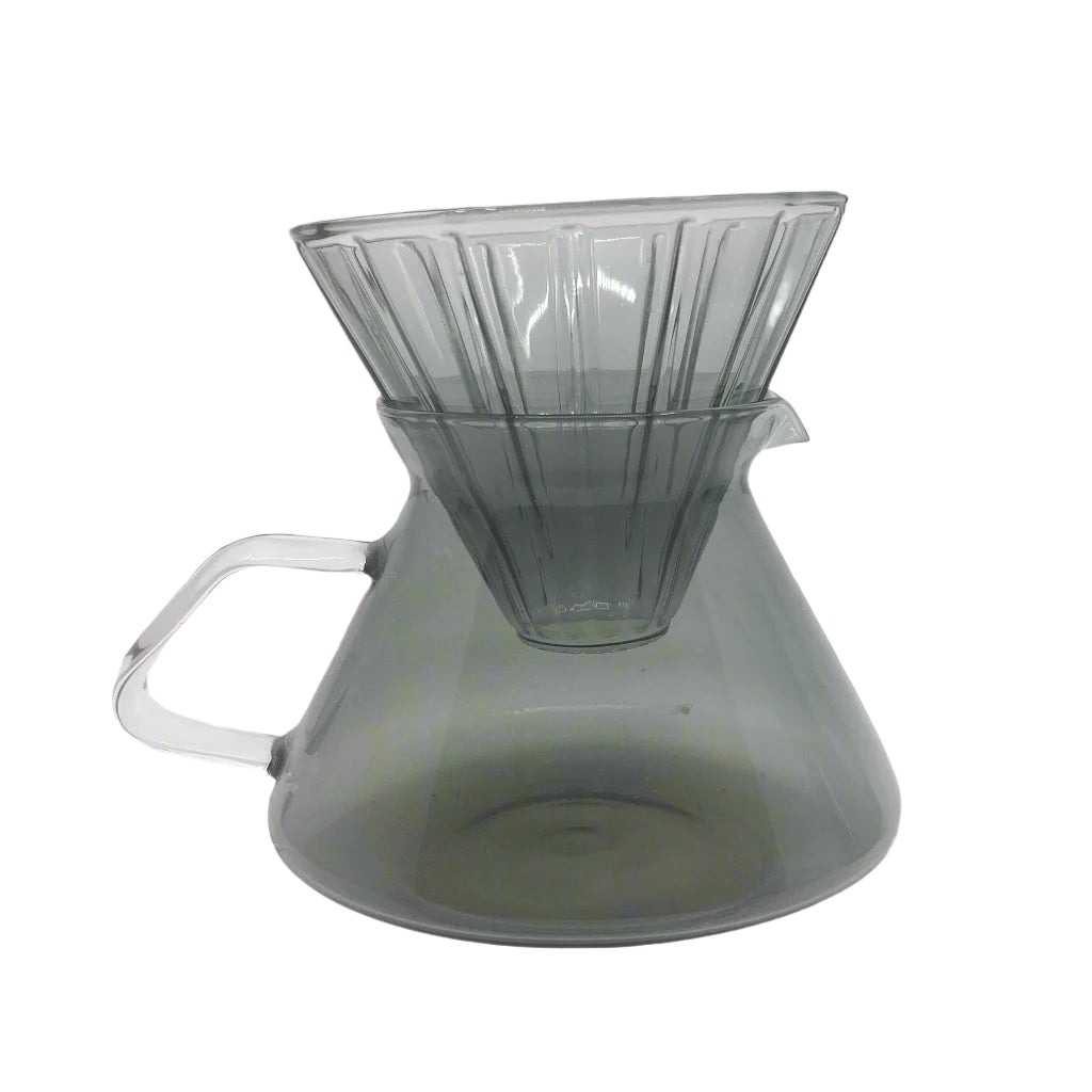 product photo of glass coffee pot with pour over lid. 