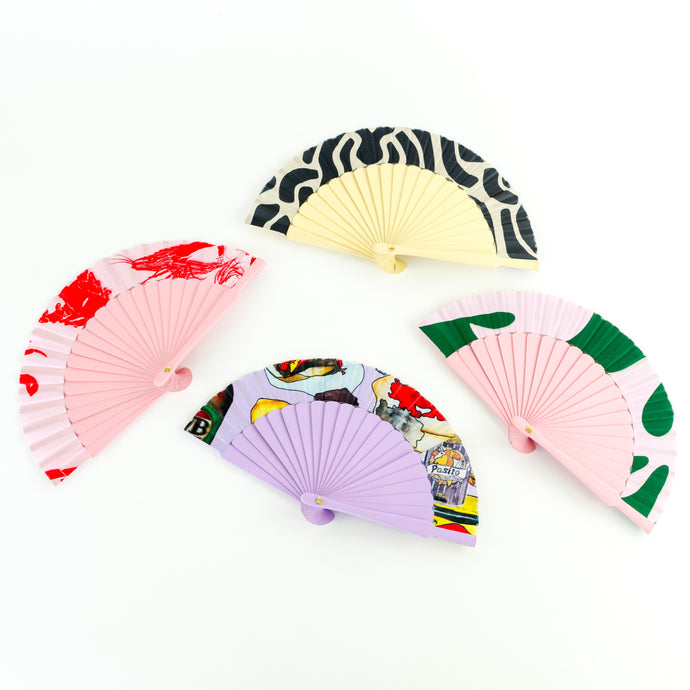Five colorful hand fans with various patterns on a white background